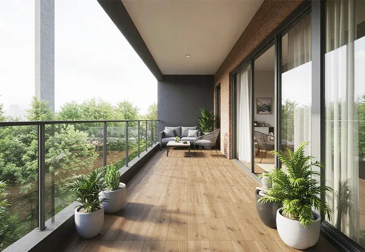 Wood-look balcony tiles design idea