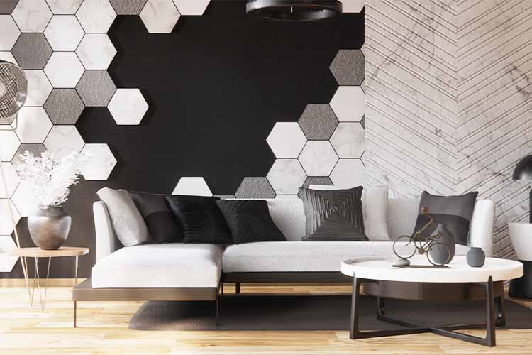 Hexagon half wall tile design idea for stylish living room setup