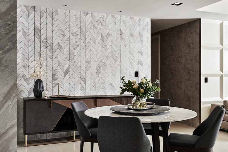 Chevron half wall tile design idea for modern living room patterns