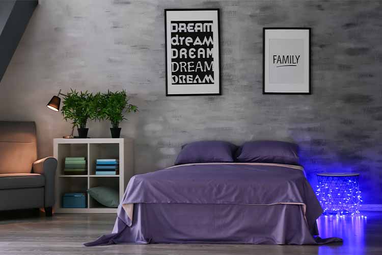 Purple charcoal grey bedroom color combination