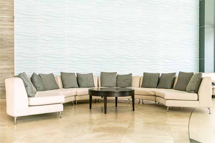 Textured half wall tile design idea for depth in living room design