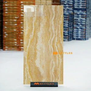 undefined-Travertine Giallo Brown Hi-Gloss Vitrified Tile Code40614 600x1200mm 2Pc