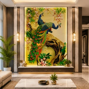 undefined-Peacock With Flowers Poster Wall Tile Code31371 (4x6ft, Glossy, 3Pcs)