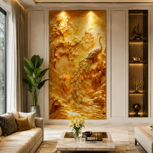 undefined-Vitrified Golden Peacock Wall Poster Tile Code37904 (1200x2400mm, Matt)