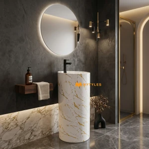 undefined-Gold-Veined White Monolithic Glossy Pedestal Wash Basin Code40501