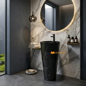 undefined-Marquina Black Tapered Cylindrical Glossy Ceramic Pedestal Wash Basin Code28198