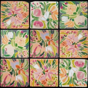 undefined-Impressionist Floral Pink Green Vitrified Motif Tile Code39929 97x97mm 42Pc Pack