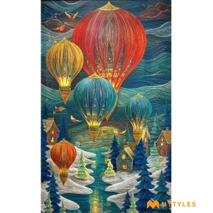 undefined-Whimsical Blue Hot Air Balloon Landscape Poster Tile Code40848 1200x2400mm 4Pc